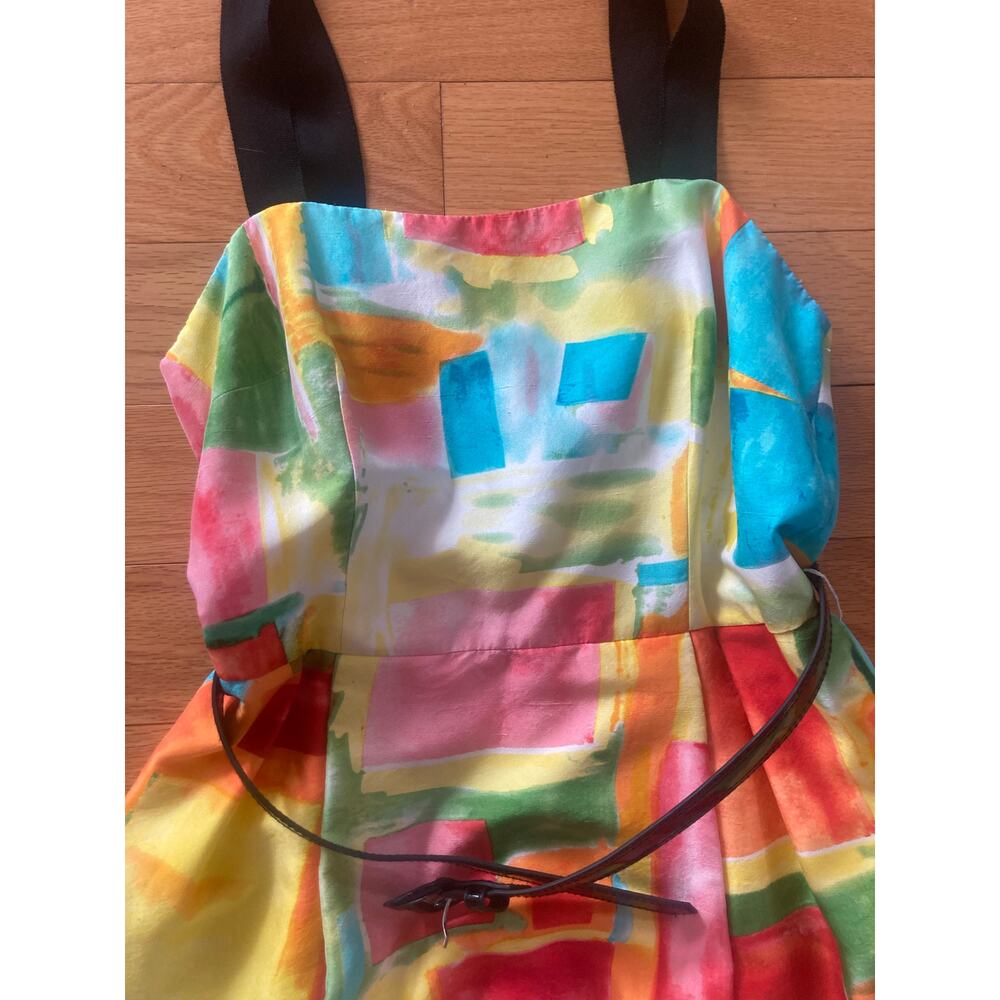 Rickie Freeman Teri Jon Silk Watercolor Abstract Stripe Colorful Belted Dress 8 - Picture 3 of 15